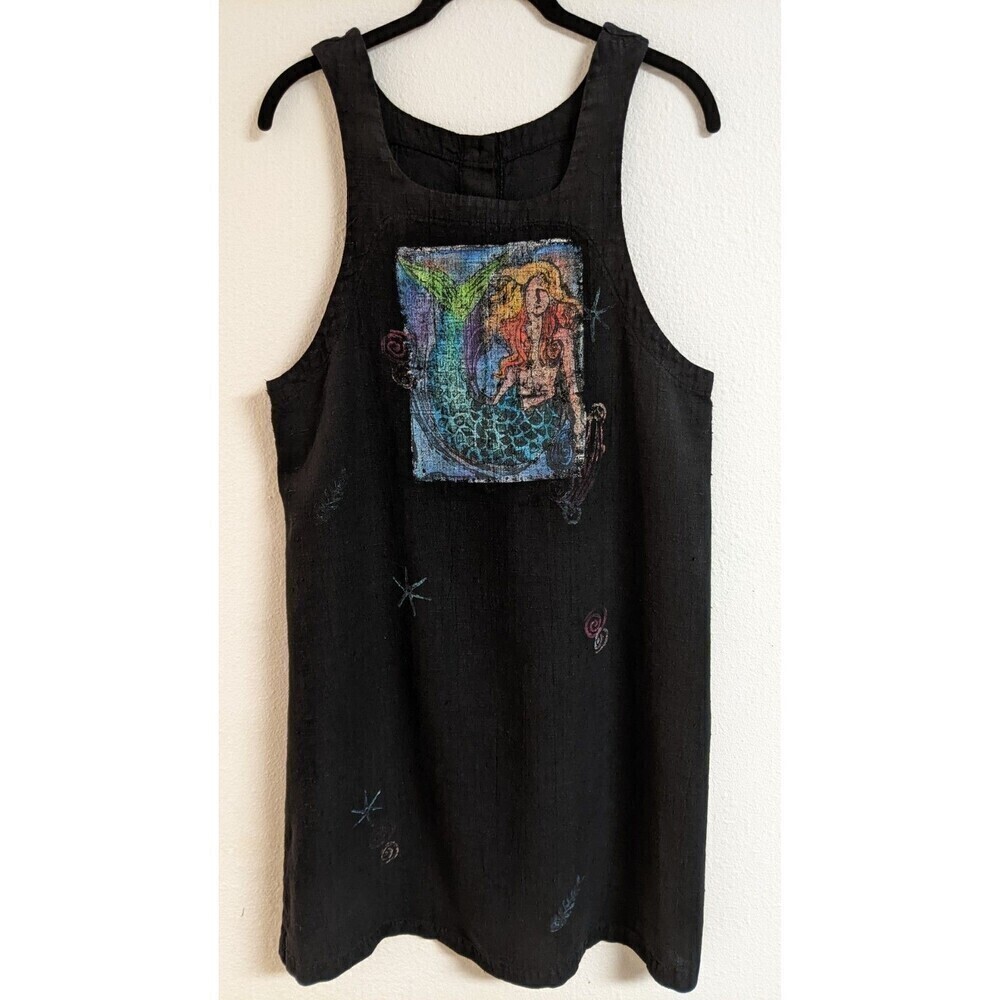 Women's Black Linen Sleeveless Mermaid Ocean Theme Casual Dress S/M